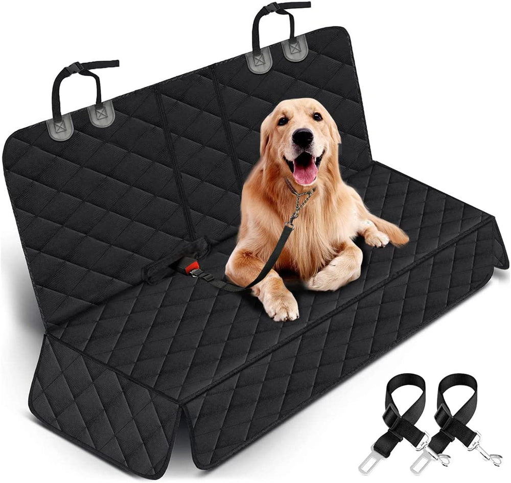 Black quilted dog car seat cover with adjustable headrest straps and side flaps