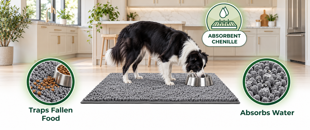 Muddy Mat under a dog bowl